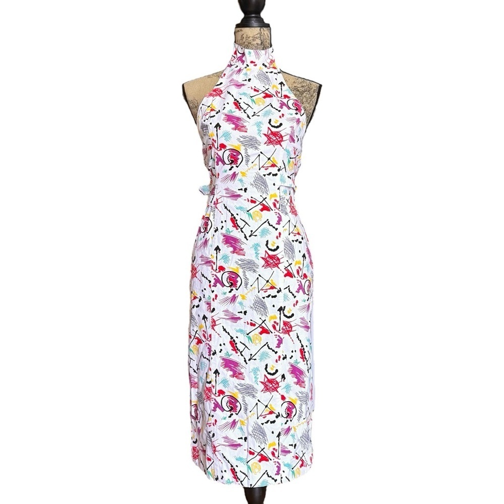 Vintage 80s Le Château Colorful Halter Neck Dress with Buckle Details Size XS